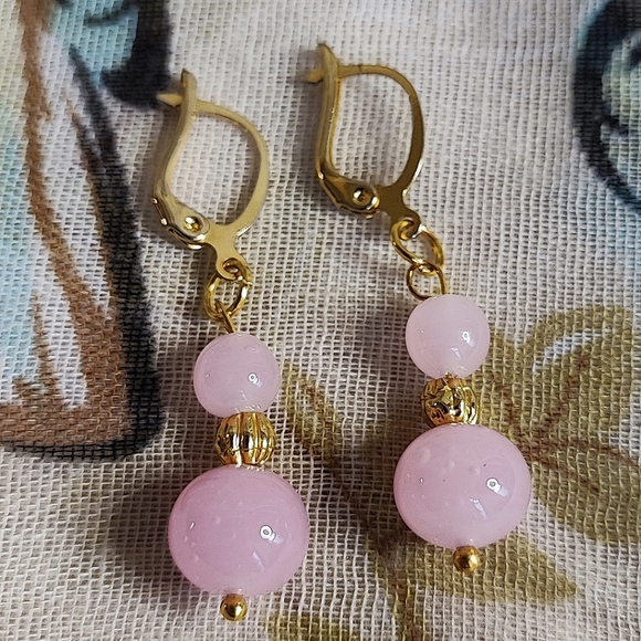 Rose Quartz Dual Round Gold Tone Pink Stone Pierced Earrings Feminine Delicate - Picture 3 of 8
